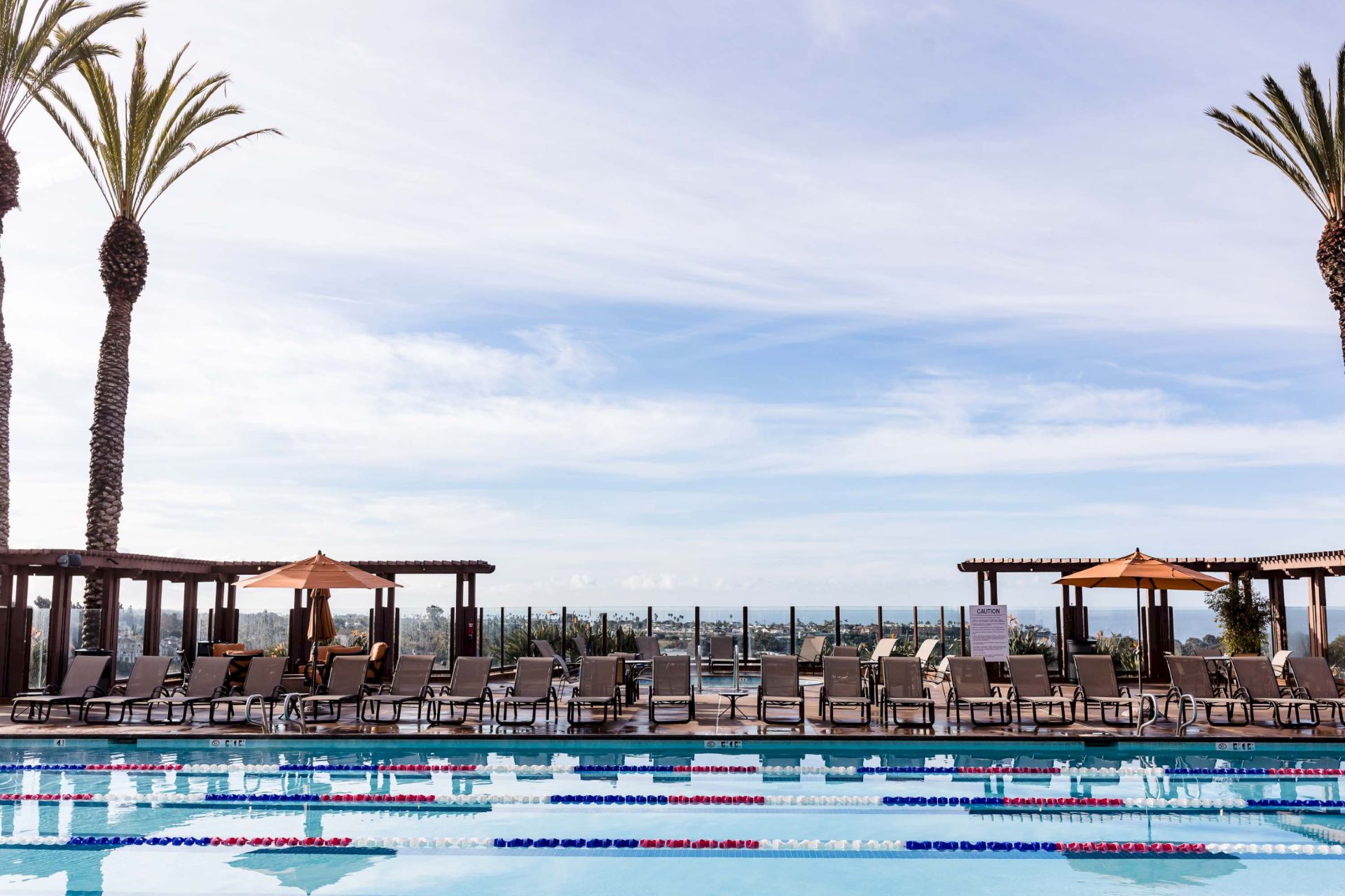 A sunny resort pool area with lounge chairs, umbrellas, palms, and a clear blue sky over the water, perfect for a relaxing day at the pool.