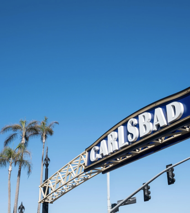 A roller-coaster track and sign reading “CARL’S BAD” under a bright blue sky with palm trees.